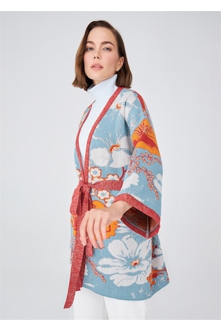 Peraluna Çicek Desenli Bol Kesim Pamuklu Kadın Triko Kimono-Çok Renkli