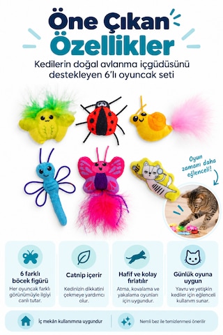 Petstages Cute As A Bug Böcek Şeklinde Catnip'li Kedi Çiğneme Oyuncağı 6'lı Paket