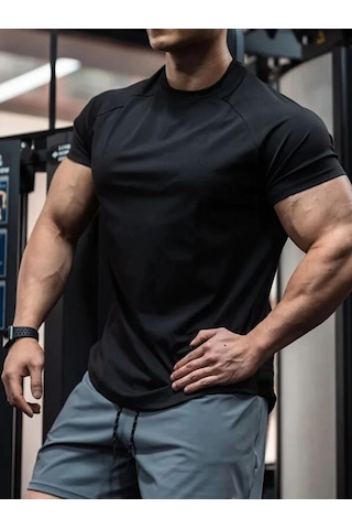 Genius Store Erkek Spor Tişört Running Sports Gym Reglan Oval Kesim Penye T-shirt Ovalt-shirt Siyah