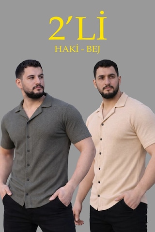 Novalisse Erkek Waffle Dokuma Kumaş Açık Yakalı Düğmeli Gömlek 2 Li Set Haki-bej Çoklu Renk