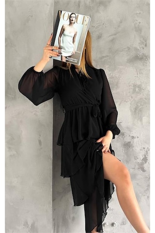 Neşeli Butik Kadın Astarlı Eteği Kat Kat Şifon Elbise Nbkklf2041 Siyah