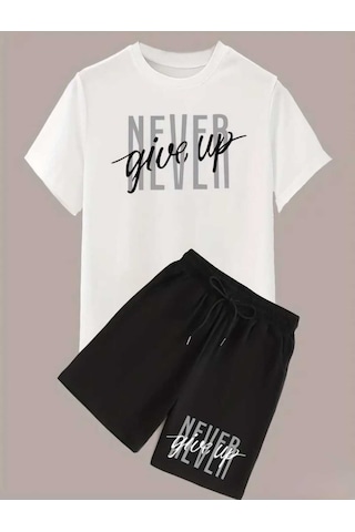 Never Give Up Baskılı Özel Tasarım Oversize Alt Üst Takım Beyaz