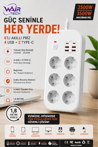 6'lı Topraklı Grup Priz 4 Usb 2 Type-c Hızlı Şarj 1.8 Metre Kablo Aşırı Yük Korumalı 1.8 M