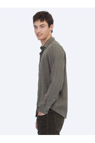 Kip Haki Çizgili Regular Fit Dokuma Casual Gömlek Haki