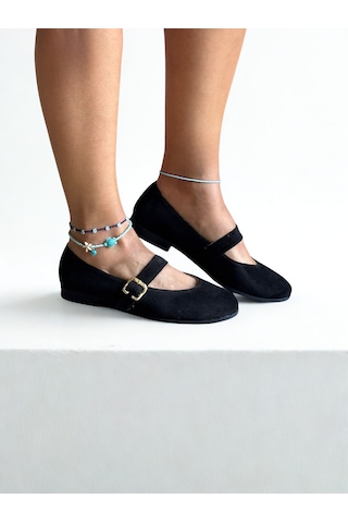 Ne&ve Shoes Siyah Süet Hakiki Deri Yuvarlak Burunlu Tokalı Kadın Babet