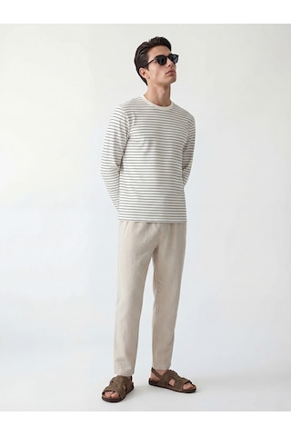 Lcw Vision Ekru Bisiklet Yaka Çizgili Erkek Sweatshirt