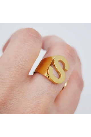 Çelik Gold Düz Kesim Harf Yüzük -s Harfi- Ayarlı Ölçü-1906