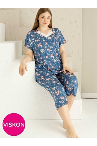 Anne Kalıp Tunik Büyük Beden Kapri-battal Beden Dantel Detay Kısa Kol Viskon Bermuda Pijama Takımı Mavi