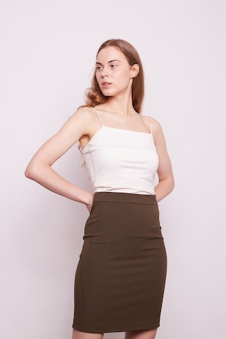 Yüksek Bel Diz Üstü Likralı Pamuklu Şık Kumaş Kalem Etek-Haki