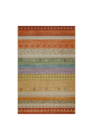 Etnik Kilim Desenli Pamuk Taban Yıkanabilir Baskılı Halı Turuncu