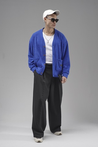 King-Brich Logo Detaylı Oversize Kalıp Erkek Hırka Saks