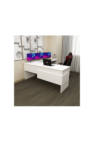 Sell 180 Cm L Çalışma Masası Ofis Masası Oyuncu Masası Beyaz - Beyaz Beyaz