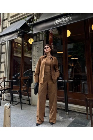 Süet Gömlek Palazzo Pantolon İkili Takım - Kahve Kahve