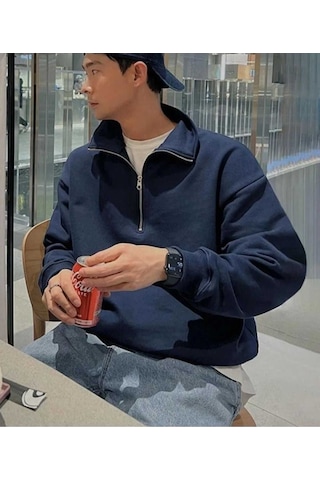 Kozia Outdoors Malkoçbey Dik Yakalı Fermuarlı Oversize Unisex Sweatshirt Lacivert Lacivert