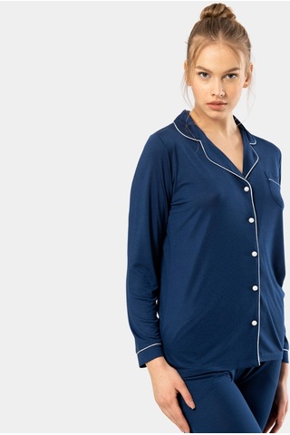 Türen Düz Uzun Kollu Gömlek Yaka Pijama Takım 3365/lacivert 001