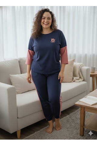 Kadın Lacivert Büyük Beden Pijama Takımı Pembe