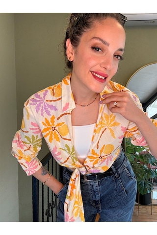 Ali Butik Desenli Önü Açık Crop Keten Gömlek