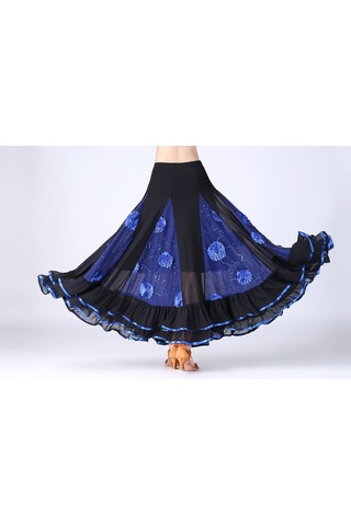 Sones Pullu Çiçek Salıncak Modern Dans Eteği Kraliyet Mavisi Siyah - Mavi