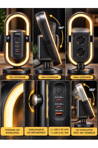 Akım Korumalı 2'li Priz 2 Type-c 1 Usb Led Gece Lambalı Priz Çoklayıcı Güç Ünitesi 0 - 2 M