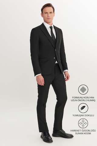AC&Co / Altınyıldız Classics Erkek Sıyah Slim Fit Dar Kesim Kırlangıç Yaka Kapak Cepli Yelekli Takım Elbise Siyah