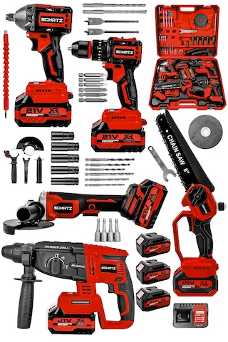 Schatz 21v Darbeli Kömürsüz 5'li Set Kırıcı Delici Hilti - Somun Sıkma Sökme - Testere - Matkap - Vidalama Kırmızı