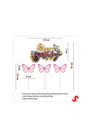 Kelebekli Happy Birthday Pasta Süsü 4 Lü Set - Pembe