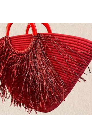 Uretti - Ayşe 4723 3884 El Yapımı Tress İp Yuvarlak Saplı Metalik İp Püskül Detaylı Plaj Çantası - Kırmızı Kırmızı