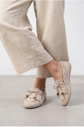 Giamgia Store Püsküllü Boncuk Detaylı Krem Süet Makosen Loafer Ayakkabı-2366