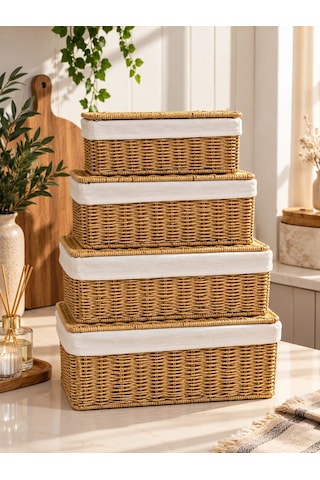 Morponi 4'lü Kapaklı Hasır Kumaş Astarlı Rattan Organizer Sepet Trn603 Sarı