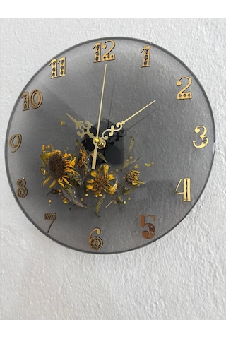 Ayçiçeği Temalı Gold Detaylı Epoksi Duvar Saati Özel Tasarım - Tek Üretim - 30 Cm Siyah