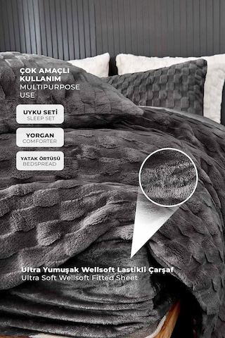 Kürk Yatak Örtüsü Yorgan Uyku Seti Tek Kişilik Çarşaflı Peluş Yumuşak Dolgulu Rody 3 Parça Antrasit