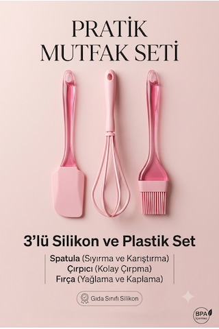3'lü Silikon Mutfak Hazırlık Seti - Yanmaz Yapışmaz Çırpıcı, Spatula Ve Yumurta Fırçası Çok Renkli