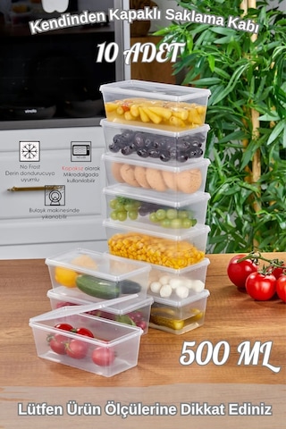10 Adet Kendinden Kapaklı Derin Dondurucuya Uygun Saklama Kabı, Düzenleyici ,yemek,kahve,çay500ml Diğer