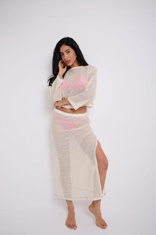 Yırtmaçlı Uzun File Etek Ekru