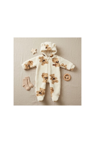 Deniva Kids Unisex Bebek Ayıcıklı Welsoft Peluş Fermuarlı Kapüşonlu Patikli Kışlık Astronot Tulum - Krem 6 - 9 Ay
