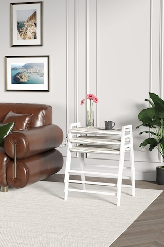 Zigon Sehpa , Aden 3'lü Tepsi Zigon Sehpa Takımı Beyaz Metal - Beyaz Mermer Tabla Beyaz-beyaz Mermer