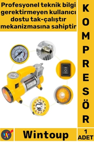 Kompresör 12v Çakmaklık Girişli Taşınabilir Metal Lastik Şişirme 150 Psı 35 Lpm Oto Hava Kompresörü