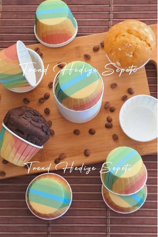 50'li Gökkuşağı Muffin Kek Kalıbı , Kek Kapsülü Cupcake Kalıbı , Airfryer Uyumlu