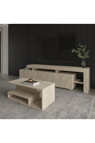 Vera Mini Orta Sehpa Modern Tasarım, Fonksiyonel Raflı Yap Traverten