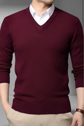Tezzgelsin Erkek V Yaka Uzun Kol Triko Tüylenmez Süveter Erkek Slim Fit Süveter Bordo