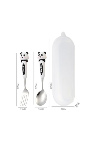 Siyah-beyaz Renk Tavşan Figürlü Premium Çocuk Bpa Free Paslanmaz Çelik Uçlu Çatal-kaşık Set 24+ Ay