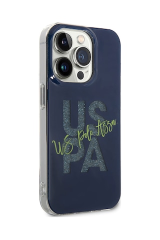 Apple Uyumlu iPhone 14 Pro Max Kılıf U.s. Polo Assn. Simli Parlak Alfabe Tasarım Kapak Petrol Mavi