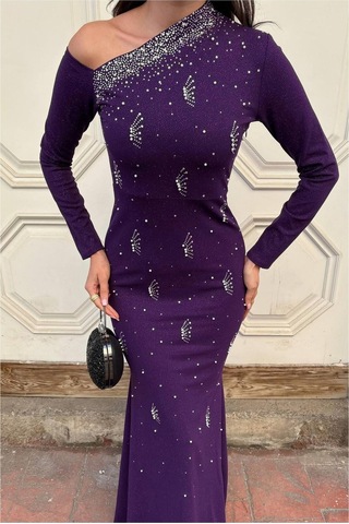 Khi-zai Kadın Trend Model Krep Kumaş Tek Omuz Abiye Elbise Mor