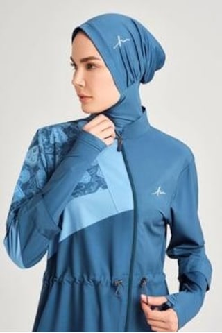 Haşema 3079 Petrol Mavisi Anadolu Koleksiyonu Parmak Geçirme Detaylı Jileli 5 Parça Tesettür Mayo Takımı Çok Renkli