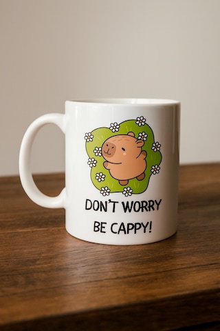 Don T Worry Be Cappy Tasarım Kupa Model 231 Sevimli Kapibara Baskılı Seramik Kahve Kupası Çok Renkli