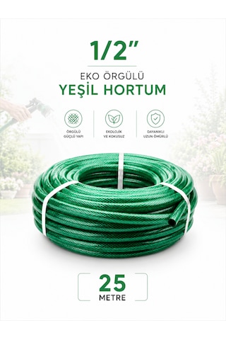 Beylini 1/2" 25 Metre Örgülü Bahçe Hortumu Balkon Bahçe Sulama Temizlik Araç Yıkama Su Hortumu Dolanmaz Kırılmaz Yeşil