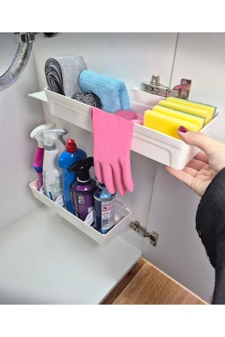 Dolap İçi Düzenleyici Yapışkanlı Kaydırmalı Çok Amaçlı Katlı Raf Organizer Beyaz