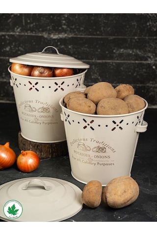 Lüx Metal Patates Soğanlık Kovası Sebze Saklama Kabı Krem