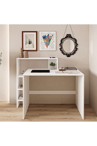 Amber Çalışma Masası Raflı, Modern Bilgisayar Masası Beyaz