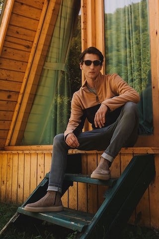 AC&Co / Altınyıldız Classics Erkek Sutlu Kahve-kahve Anti-pilling Tüylenme Yapmayan Standart Fit Bato Yaka İçi Polarlı Çift Renk Polar Sweatshirt Sütlü Kahverengi